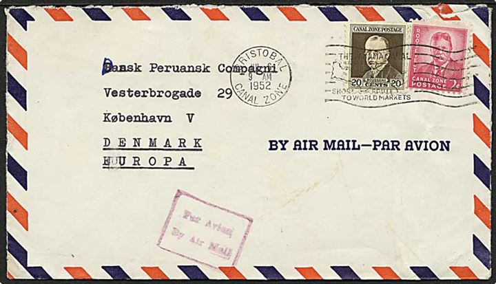 22 cents frankeret luftpostbrev fra Cristobal Canal Zone d. 6.7.1952 til København, Danmark. Fra sømand ombord på Skagarak 4.