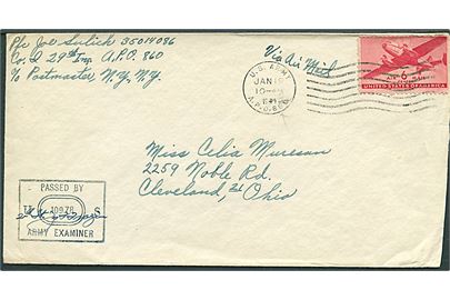 Amerikansk 6 cents Transport på luftpostbrev stemplet U.S.Army A.P.O. 860 (= Reykjavik, Island) d. 19.1.1944 til USA. Sendt fra menig i 29th Inf. APO 860. Unit censor #10978.