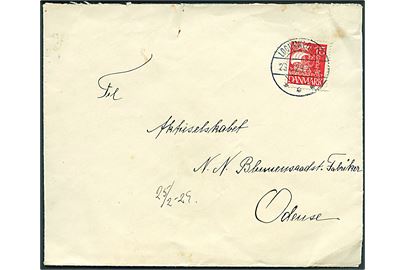 15 øre Karavel på brev annulleret med brotype IIb Løgumkloster sn1 d. 23.2.1929 til Odense.