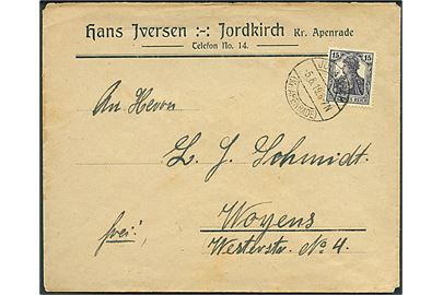 15 pfg. Germania på brev annulleret Jordkirch (Kr. Apenrade) d. 5.8.1919 til Vojens.