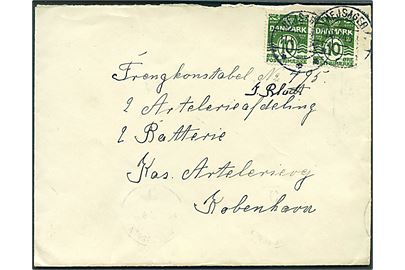 10 øre Bølgelinie i parstykke på brev annulleret med brotype IIb Hejsager d. 11.8.1924 til soldat ved 2. Artilleri Afdeling i København.