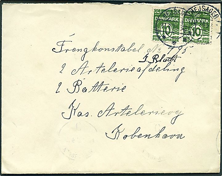 10 øre Bølgelinie i parstykke på brev annulleret med brotype IIb Hejsager d. 11.8.1924 til soldat ved 2. Artilleri Afdeling i København.