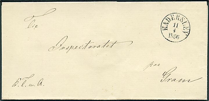 1856. Ufrankeret tjenestebrev mærket K.T.m.A. stemplet antiqua Haderslev d. 11.4.1856 til Gram.