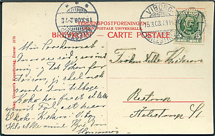 5 øre Fr. VIII på brevkort annulleret med stjernestempel SKALS og sidestemplet bureau Viborg - Aalestrup T.11.. d. 15.3.1908 til Aalestrup.