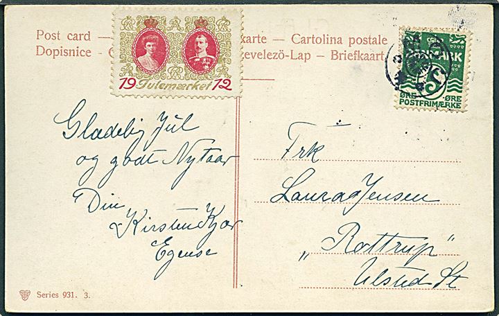 5 øre Bølgelinie og Julemærke 1912 på brevkort dateret i Egense og annulleret med stjernestempel MOU til Ulsted St.