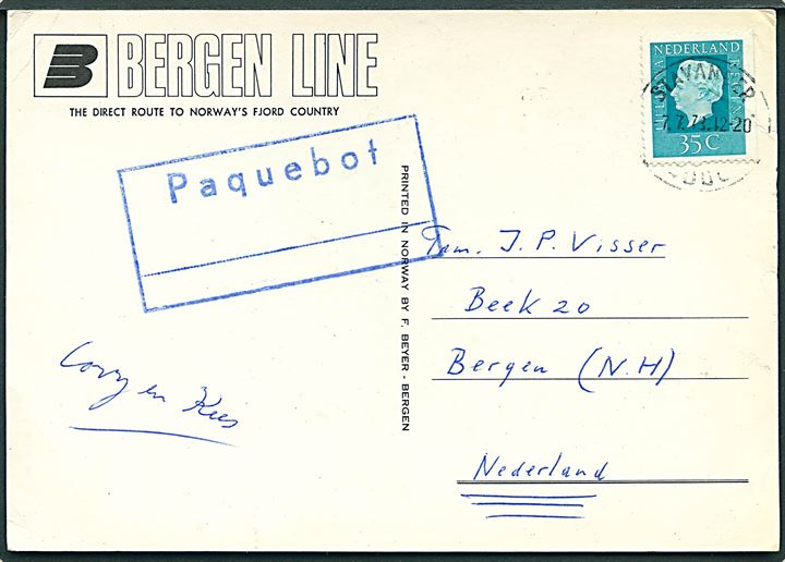 Hollandsk 35 c. på brevkort (M/S Jupiter, Bergen Line) annulleret med norsk stempel i Stavanger d. 7.7.1978 og sidestemplet Paquebot til Bergen, Holland.