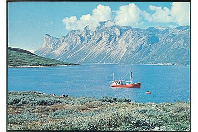 Grønland. Godthåbsfjorden med skib ved Itivnera. KGH no. 111. Trykt af Vang Rasmussen Ltd. 
