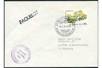 Russisk 20 kop. på brev annulleret med dansk stempel i Mariager d. 18.7.1985 og sidestemplet Paquebot til Aschaffenburg, Tyskland. Privat russisk skibsstempel.
