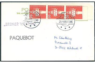 20 pfg. i 3-stribe på brevkort annulleret med dansk stempel i Nørre-Alslev d. 29.4.1980 og sidestemplet Paquebot til Hösbach, Tyskland. Privat skibsstempel Bremer Westen.