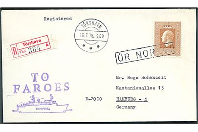 Norsk 10 kr. Olav single på anbefalet brev annulleret med skibsstempel Úr Noregi og sidestemplet Tórshavn d. 16.7.1976 til Hamburg, Tyskland.