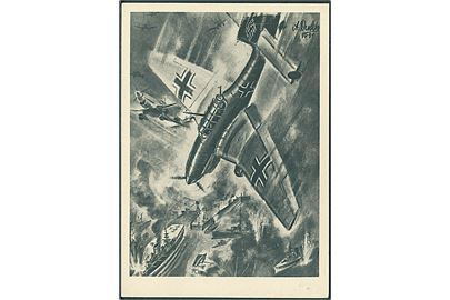 Tysk Propaganda. Et engelsk Hangarskib bliver bombarderet af en Ju 87. Står på dansk, svensk og norsk. U/no. 