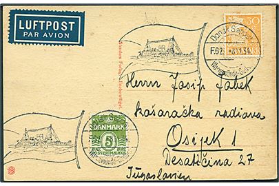5 øre Bølgelinie og 30 øre Karavel på luftpost brevkort (Nakskov, Sukkerfabrikken) annulleret med skibsstempel Dansk Søpost Warnemünde-Gedser F.62 d. 8.11.1934 til Osijek, Jugoslavien.