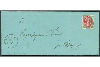 8 øre Tofarvet 14. tryk på brev annulleret med nr.stempel 129 og sidestemplet lapidar Bælum d. 14.12. ca. 1878 til Skjørping.