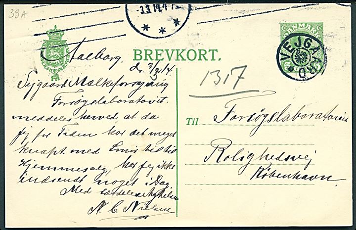 5 øre Chr. X helsagsbrevkort annulleret med stjernestempel VEJGAARD og sidestemplet Aalborg d. 3.3.1914 til København.