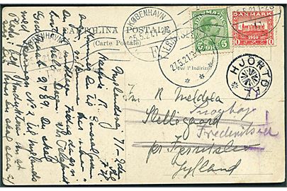 5 øre Chr. X og 10 øre Genforening på brevkort fra Kjøbenhavn d. 25.5.1921 til Fjerritslev - eftersendt til Snoghøj pr. Fredericia med stjernestempel HJORTDAL og sidestemplet Fjerritslev d. 27.5.1921.