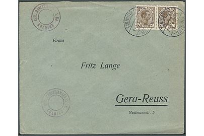 20 øre Chr. X i parstykke fra Kolding annulleret med bureaustempel Kolding - Hejlsminde T.3 d. 16.11.1923 til Gera-Reuss, Tyskland.