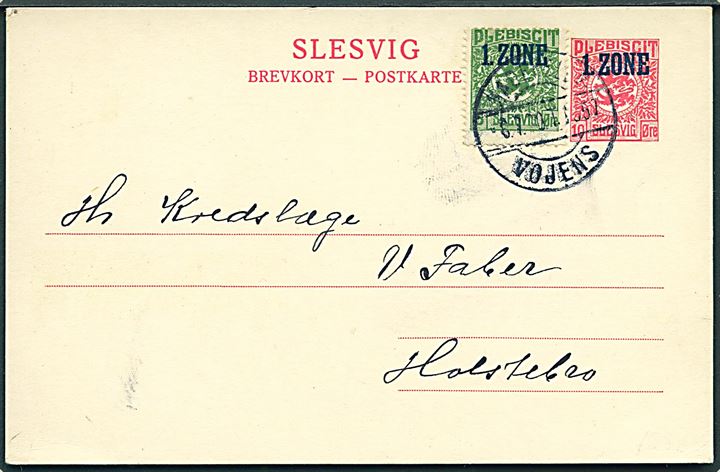 10 øre 1. Zone helsagsbrevkort opfrankeret med 5 øre 1. Zone udg. annulleret med bureaustempel Haderslev - Vojens T.1357 d. 6.7.1920 til Holstebro. Uden tekst på bagsiden.