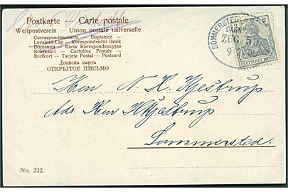 2 pfg. Germania på lokalt brevkort annulleret med bureau Sommerstedt - Schottburg Bahnpost Zug 53 d. 9.2.1906 og håndskrevet “Aus Orstedt” til Sommerstedt. Afs. sted påskrevet i jernbanebureauet for at angive korrekt lokal porto. 