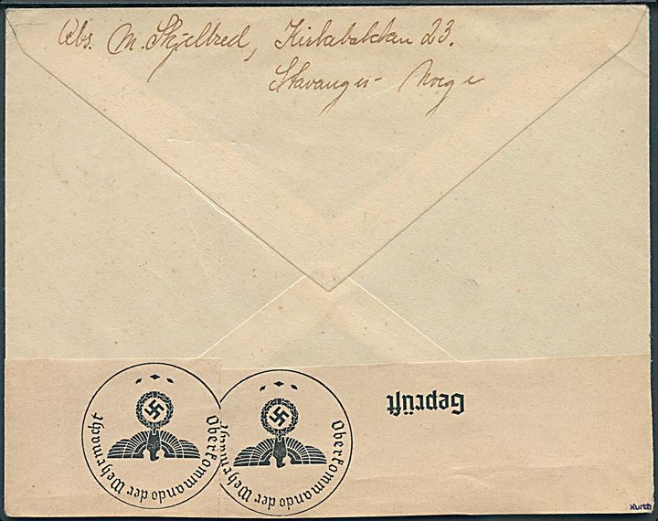 45 øre Luftpost single på luftpostbrev annulleret med bureaustempel Jærbanen D d. 7.1.1940 til Dresden, Tyskland. Åbnet af tysk censur.