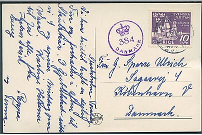 10 öre Svenska Flottan på brevkort fra Stockholm d. 6.9.1945 til København, Danmark. Dansk efterkrigscensur (krone)/384/Danmark.