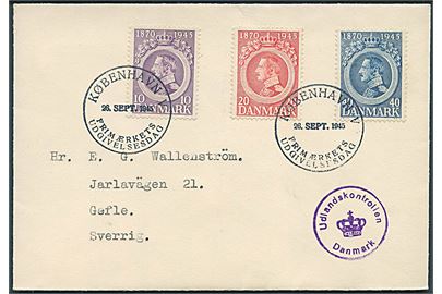 Komplet sæt Chr. X 75 år på FDC fra København d. 26.9.1945 til Gefle, Sverige. Violet censurstempel: Udlandskontrollen / (krone) / Danmark.
