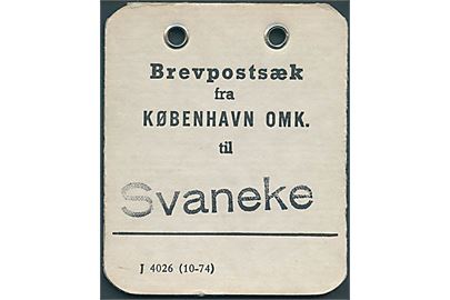 Brevpostsæk mærke - formular J 4026 (10-74) - fra København Omk. til Svaneke på Bornholm.