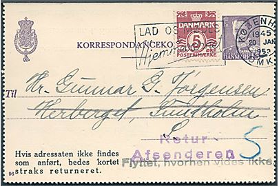 15 øre Fr. IX helsags korrespondancekort opfrankeret med 5 øre Bølgelinie sendt lokalt i København d. 20.1.1953. Retur da modtager er flyttet.