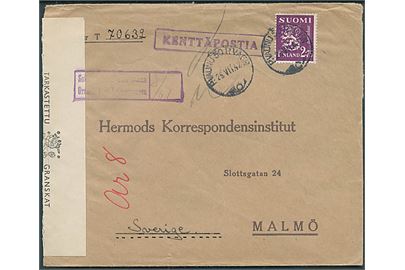 2,75 mk. Løve på brev feltpostbrev mærket Kenntäpostia annulleret med bureaustempel P.Vaunu 50 d. 25.8.1942 til Malmö, Sverige. Fra soldat ved KpK 1/2580 (= 14 Aseenkorjauskomppania). Åbnet af finsk censur.
