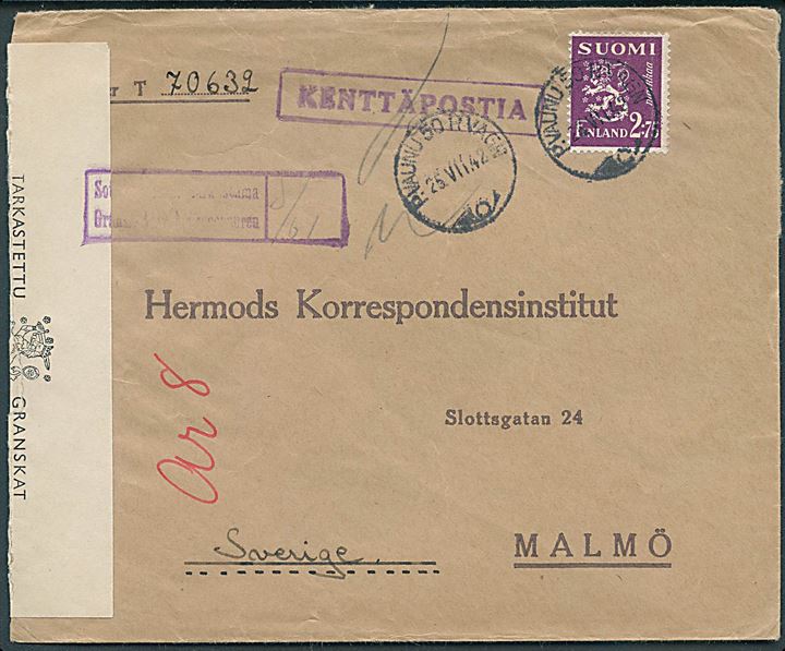 2,75 mk. Løve på brev feltpostbrev mærket Kenntäpostia annulleret med bureaustempel P.Vaunu 50 d. 25.8.1942 til Malmö, Sverige. Fra soldat ved KpK 1/2580 (= 14 Aseenkorjauskomppania). Åbnet af finsk censur.