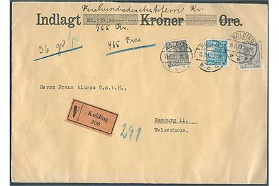 20 øre, 25 øre Karavel og 50 øre Chr. X på værdibrev fra Kolding d. 15.12.1932 til Hamburg, Tyskland.