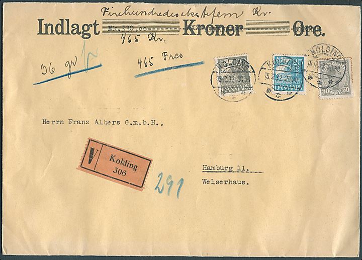 20 øre, 25 øre Karavel og 50 øre Chr. X på værdibrev fra Kolding d. 15.12.1932 til Hamburg, Tyskland.