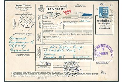 5 kr. Rigsvåben single på internationalt adressekort for pakke fra Hjørring d. 28.3.1963 til London, England.