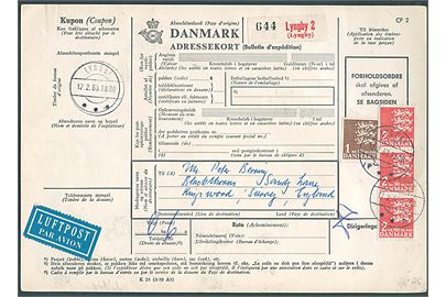 1 kr. og 2 kr. (3) Rigsvåben på 7 kr. frankeret internationalt adressekort for luftpostpakke fra Lyngby d. 12.2.1963 til Kingswood, England.