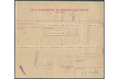 DFDS telegram fra S/S Tjaldur modtaget via København Radio d. 24.8.1925 til DFDS i København vedr. ankomst med passagerer, hest, post og gods. 