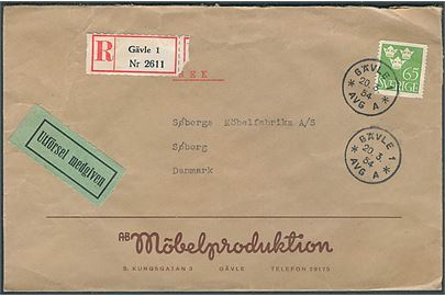 65 øre Tre Kroner single på anbefalet brev fra Gävle d. 20.3.1954 til Søborg, Danmark.