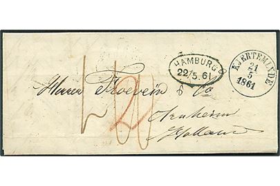 1861. Portobrev med antiqua Kjerteminde d. 21.5.1861 via Nyborg og Hamburg til Arnhem, Holland. Flere transitstempler og påtegninger.