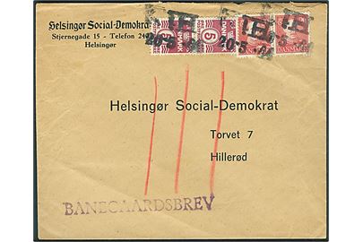 5 øre Bølgelinie (2) og 20 øre Chr. X (2) på 50 øre frankeret Banegaardsbrev fra Helsingør annulleret med DSB stempel “Hi” (Hillerød) d. 20.5.1944 til Helsingør Social-Demokrat i Hillerød. Flot brev i samlevenlig størrelse.