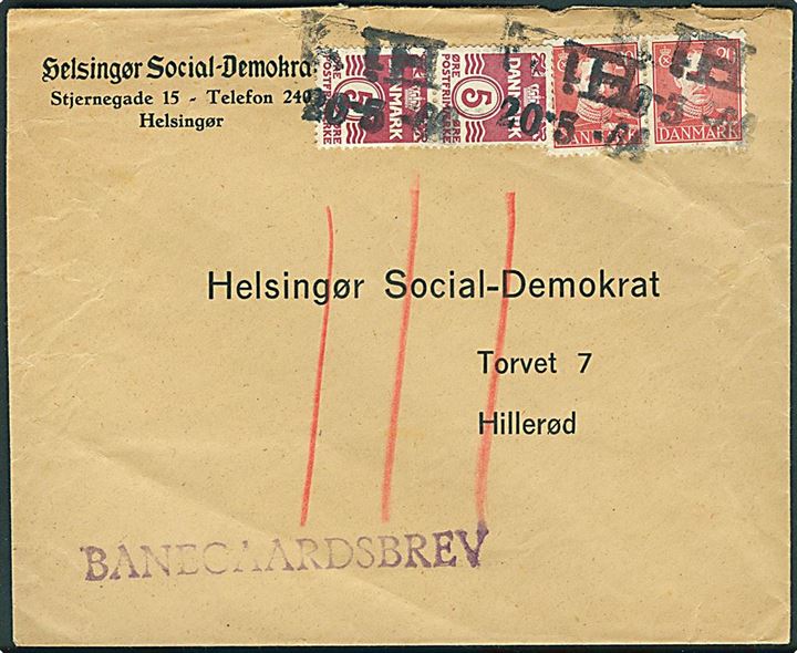 5 øre Bølgelinie (2) og 20 øre Chr. X (2) på 50 øre frankeret Banegaardsbrev fra Helsingør annulleret med DSB stempel “Hi” (Hillerød) d. 20.5.1944 til Helsingør Social-Demokrat i Hillerød. Flot brev i samlevenlig størrelse.