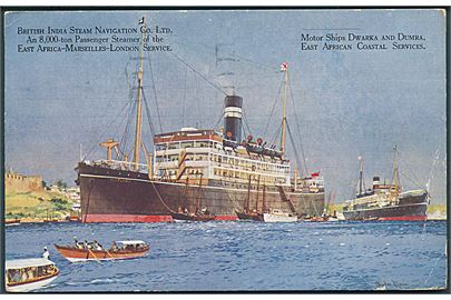 M/S Dwarka & Dumra. East African Coastal Services. U/no.  Frankeret med britisk 1½d George V og dateret ombord på S/S Manela annulleret med skibsstempel London F.S. / Paquebot d. 4.1.1930 til Vejle, Danmark.
