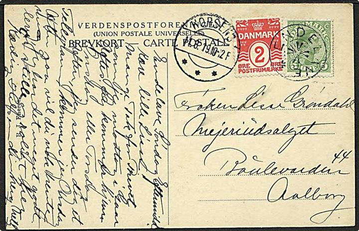 5 øre Chr. X og 2 øre Bølgelinie på brevkort (Strandparti fra Endelave) annulleret med stjernestempel ENDELAVE og sidestemplet Horsens d. 11.8.1919 til Aalborg.