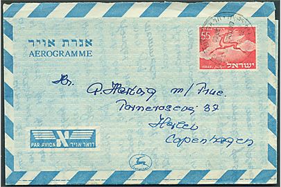 55 p. helsags aerogram fra Tel Aviv 1952 til Herlev, Danmark.