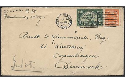 1 cent Huguegot og 6 cents Garfield på brev fra Madison d. 9.10.1924 til København, Danmark.