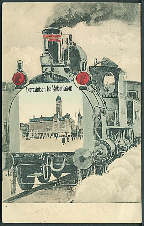 Købh., Raadhuspladsen i “Ekspreshilsen” med lokomotiv. A. Vincent no. 4022. Kvalitet 8