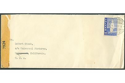 60 aur Geysir på brev fra Reykjavik d. 6.11.1943 til Hollywood, USA. Åbnet af amerikansk censur no. 7924.