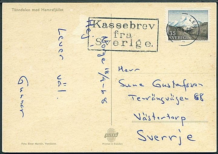 35 öre Fjeldlandskab på brevkort (Tänndalen med Hamrafjället) annulleret med svagt norsk stempel i  Vauldalen d. 20.4.1968 og sidestemplet Kassebrev fra Sverige til Västertorp, Sverige.