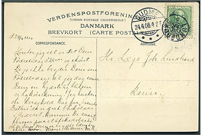 5 øre Chr. IX på brevkort (Hilsen fra Lundeborg) annulleret med stjernestempel LUNDEBORG og sidestemplet Gudme d. 24.4.1906 til Karise.