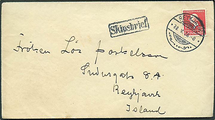 15 øre H. C. Andersen på skibsbrev annulleret med islandsk stempel i Reykjavik d. 22.5.1936 og sidestemplet Skipsbrjef til Reykjavik, Island.