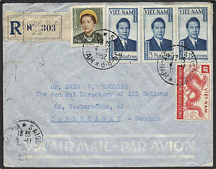 3 p. Bao-Dai (3), 1,50 p. Nam Phuong og 40 c. Drage på anbefalet luftpostbrev fra Saigon d. 4.11.1952 til København, Danmark.
