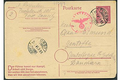 6 pfg. Hitler helsagsbrevkort med Führer-citat fra Forst d. 21.2.1945 til Gentofte, Danmark. Tysk censur fra Berlin.