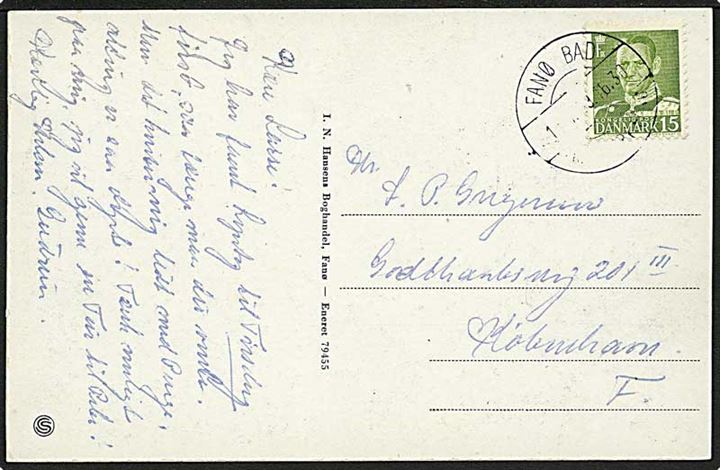 15 øre Fr. IX på brevkort annulleret med pr.-stempel Fanø Bad pr. Nordby Fanø d. 1x.7.1949 til København.